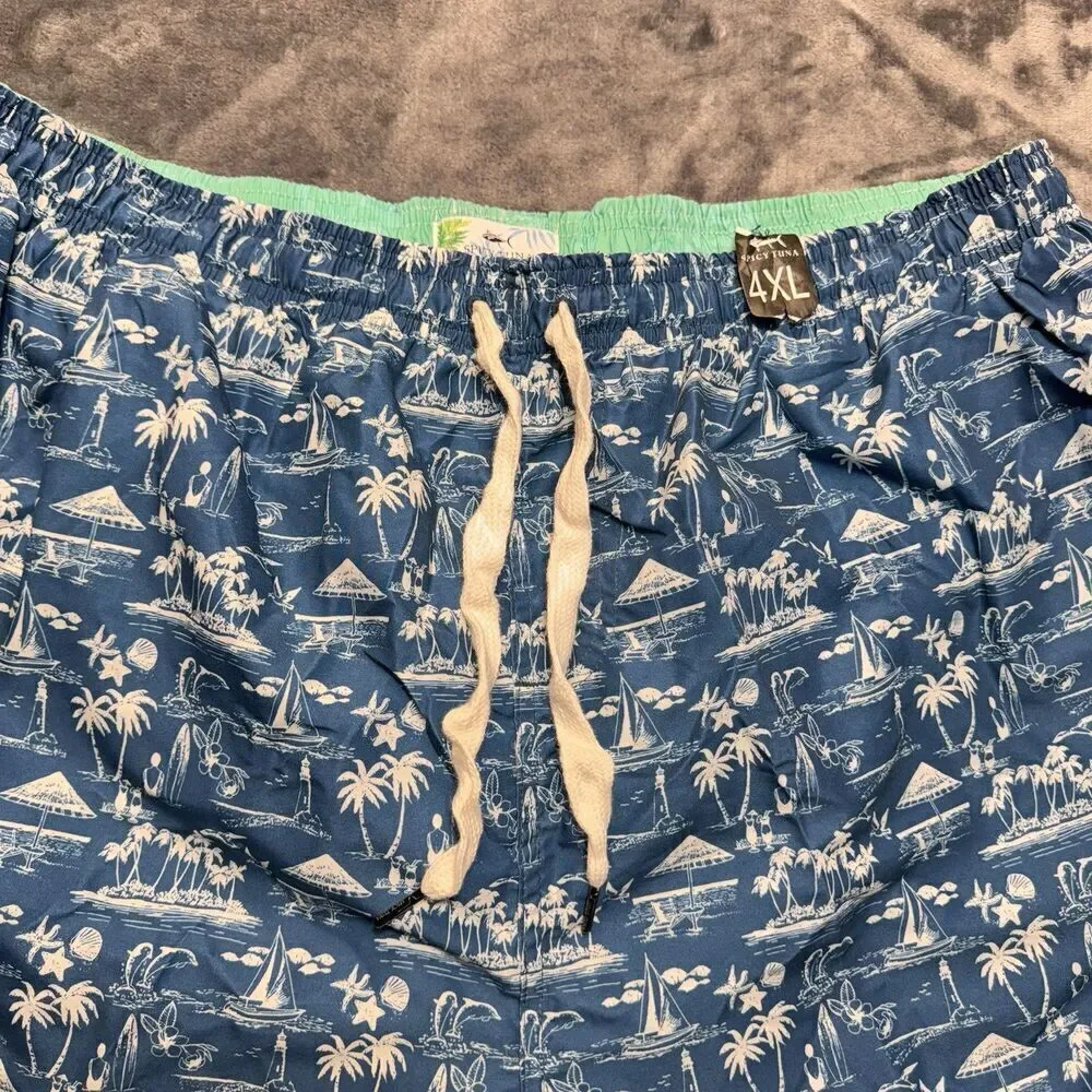 SPICY TUNA Sz 4XL Sailboat Surf Ocean Beach Life Palm Tree Swim Trunk Drawstring